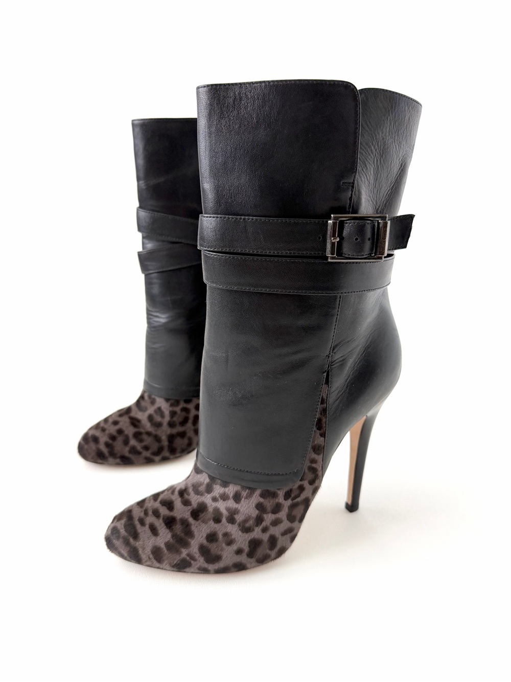 JIMMY CHOO | Blaine Leather Leopard Calf Hair Buckle Ankle Boots Black EU 39